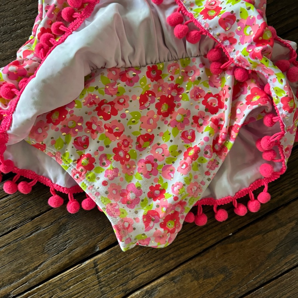 Nicole Miller Girls Floral Pom-Pom Ruffle One-Piece Swimsuit - Pink Size 5 - Picture 5 of 7